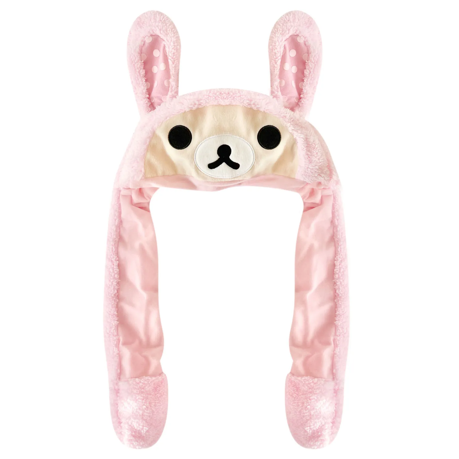 Cute Korilakkuma Bear Pink Rabbit Bunny Moving Ears Hat Hood Kawaii Winter Hats For Women Girls Kids Cartoon Anime Warm Cap