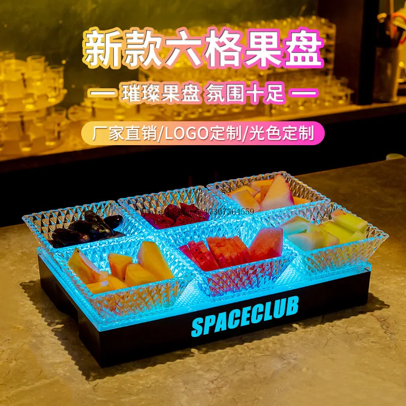 

Luminous fruit plate acrylic creative diamond pattern bar fruit platter LED charging KTV six-grid snack rack commercial