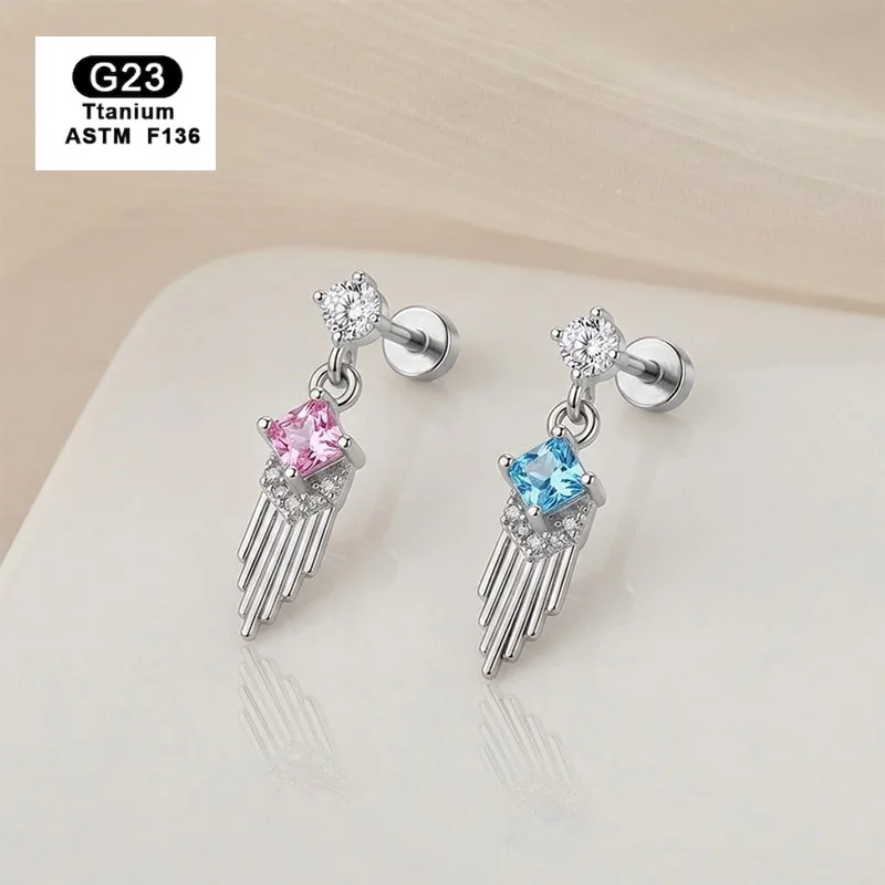 G23 Flowing Fringe Earring Radiant Square Gemstone Fringe Design Sparkling Stud Women Adult Diamond Trendy Artistic Stud Jewelry