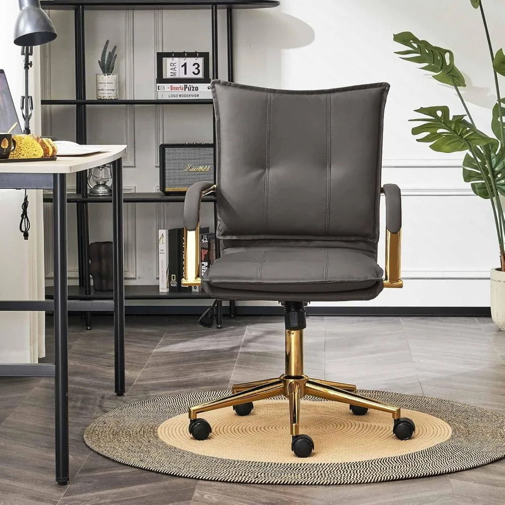 

Mid-Back Ergonomic Leather Office Chair, Modern Upholstered Executive Desk Chair with Gold Frame Armrest Computer Task Chair (G