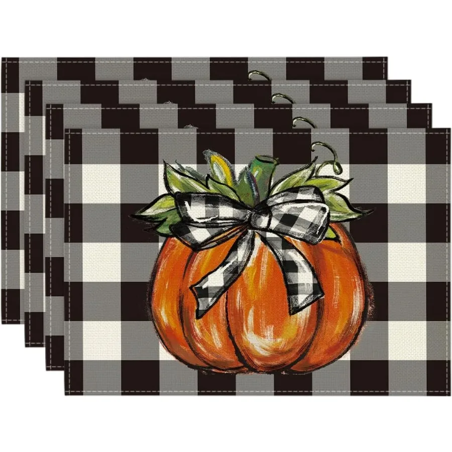 

Buffalo Plaid Pumpkin Fall Placemats Set of 4 12x18 Inch Seasonal Autumn Table Mats for Party Kitchen Dining Decoration