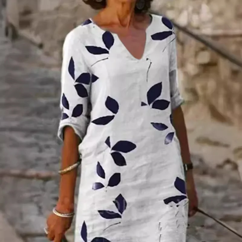 Ele Cotone Lino Stampa ampia sopra la testa Vintage Midi Dr Gonna a trapezio lavorata a maglia da donna Or Sve Abbigliamento autunnale