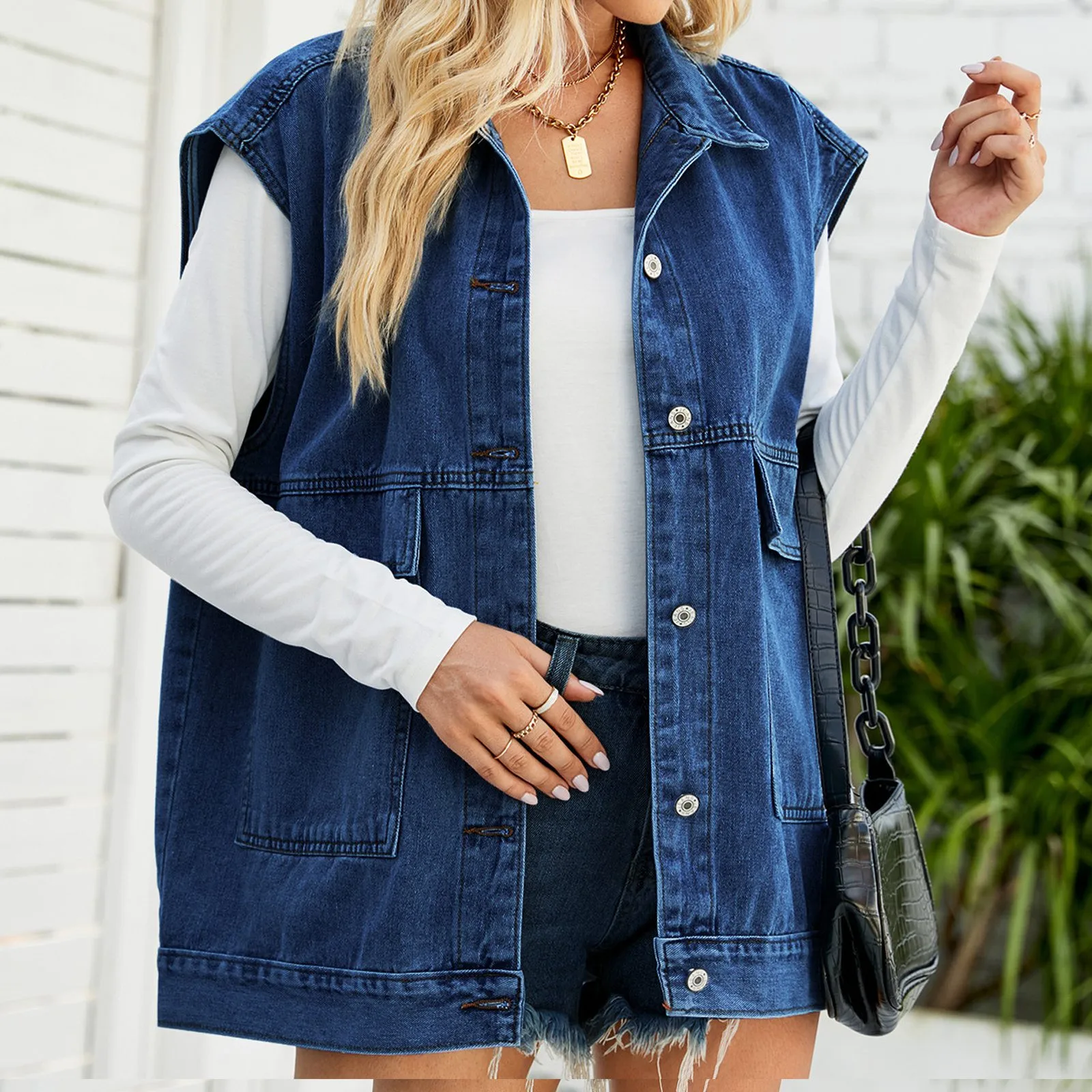 

Solid Color Loose Casual Jean Vest Outerwear Women's New Denim Vests Fashion Trend Turn Down Collar Sleeveless Jacket Coats