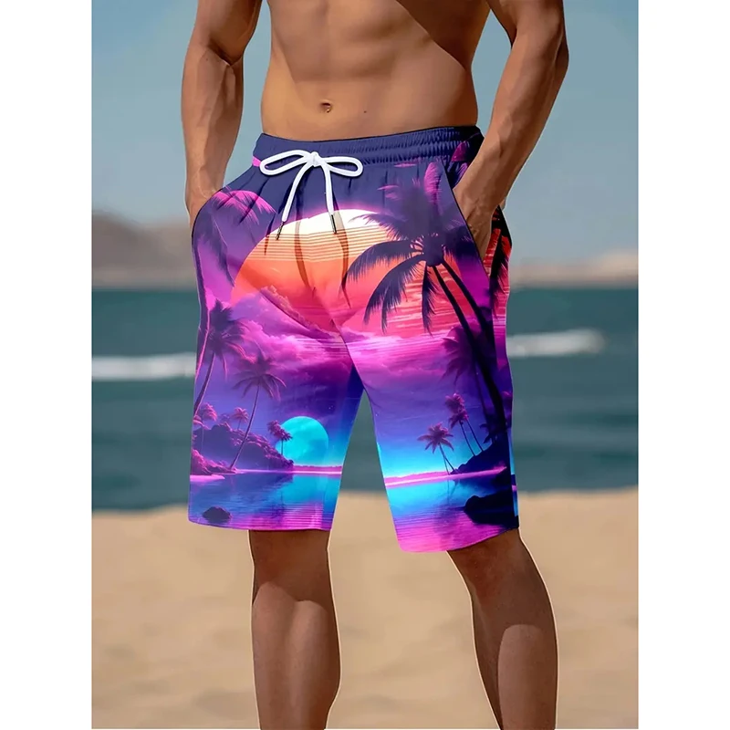 

Hawaiian Vacation Casual Beach Short For Men Dusk Landscape Print Harajuku Board Shorts Summer Fashion Street Funny Mens Trunks