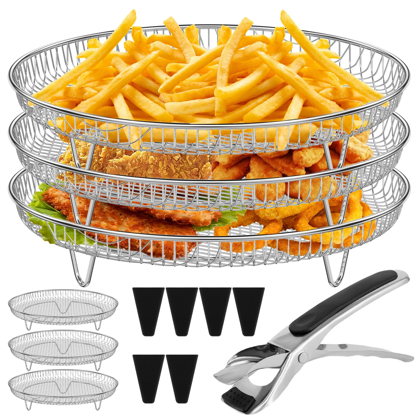 5Pcs Air Fryer Rack Set with Heightening Feet Stainless Steel Air Fryer Dehydrator Rack with Clip Reusable Air Fryer Stacking