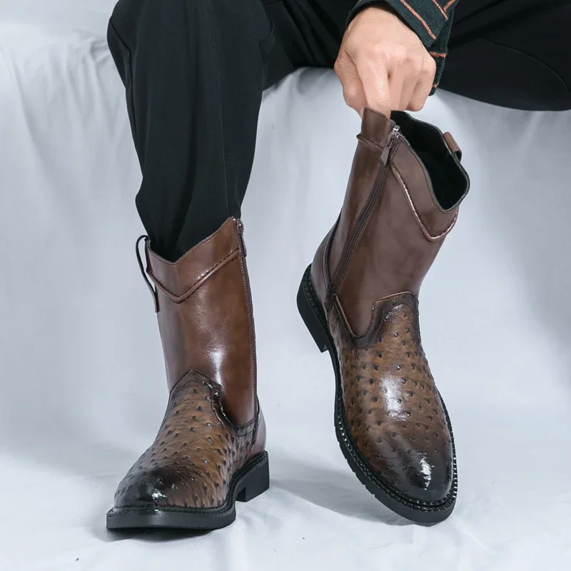 

Luxury Brand Fashionable Thick Soled Mens Long Boots Outdoor High-quality Motorcycle Boots Versatile Grain High Top Cowboy Boots