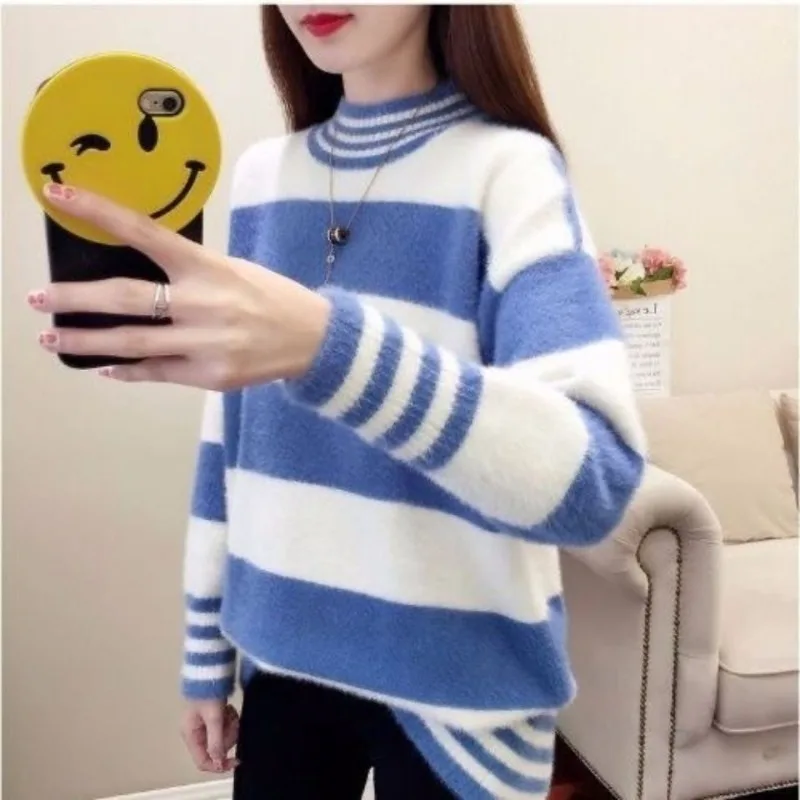 

Thick Warm Knit Wool Pullover for Women Loose Striped Sweater Korean Style Autumn Winter Faux Mink Half Turtleneck Sweaters Q679