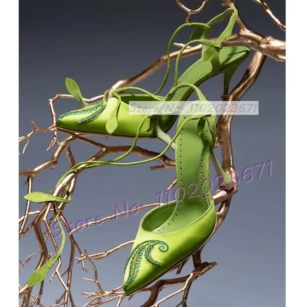 

Embroidery Pointed Toe Green Sandals Women Elegant Lace Up Satin Heels Sandals Ladies Summer Party Floral Print Leaf Decor Shoes