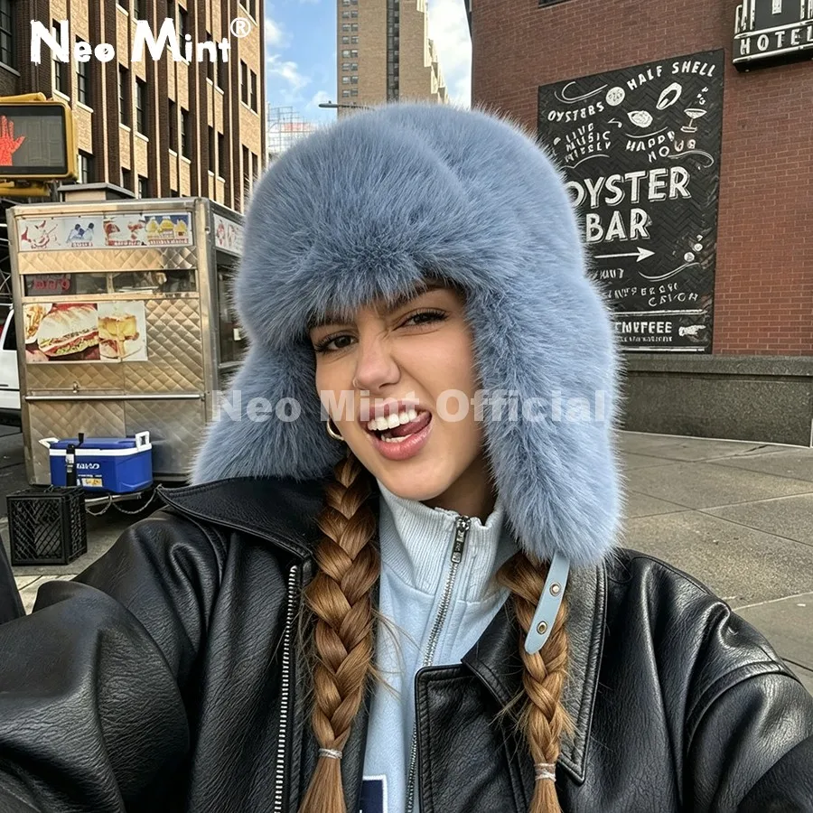 Neo Mint 2026 Winter Oversized Fuzzy Faux Fox Fur Trapper Hat Women Chic Street Fashion Y2k Girls Foldable Ear Flaps Ushanka Hat