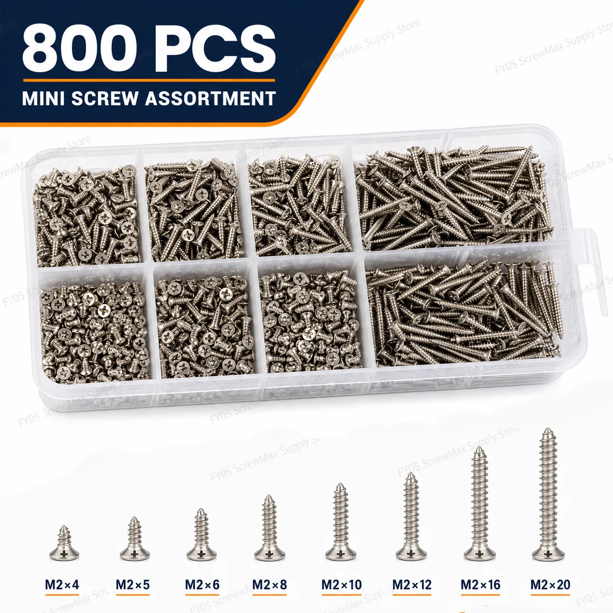 800pcs Self Wood Screws Set, M2 Flat Head Sheet Metal Screw, Self Screws Assortment Kit Lock Nuts Screw Fastener Sets