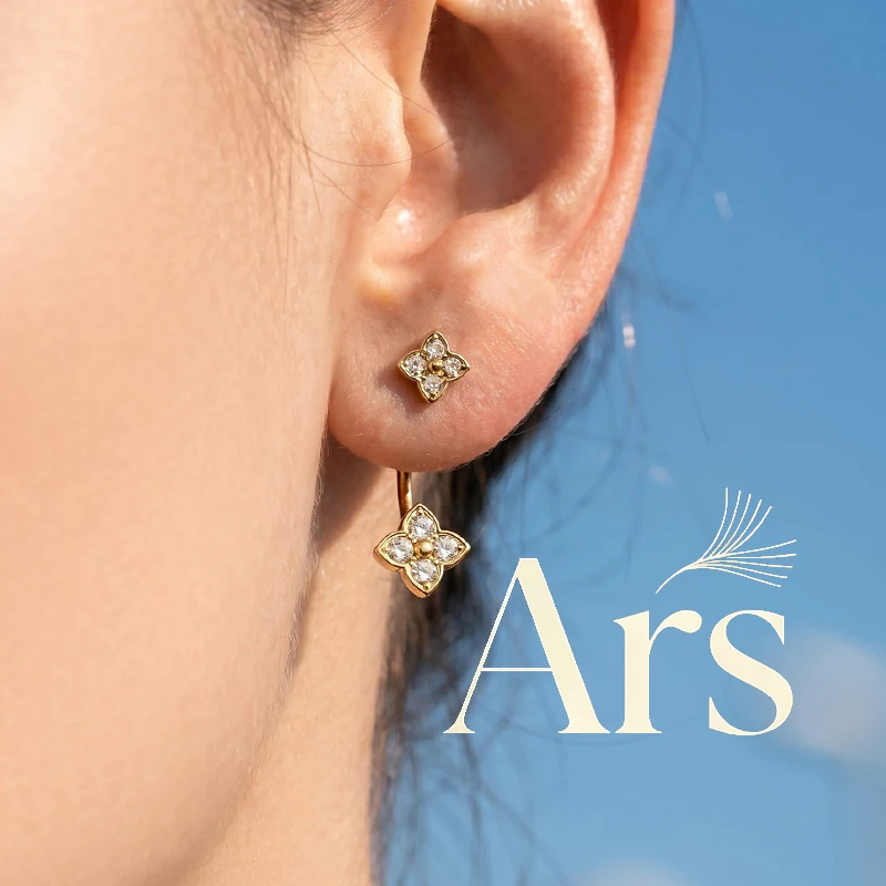 Ars Stainless Steel Four-leaf Clover Stud Earrings 18K Gold Plated Earrings Front Back Ear Jacket Dainty Zircon Dangle Earrings