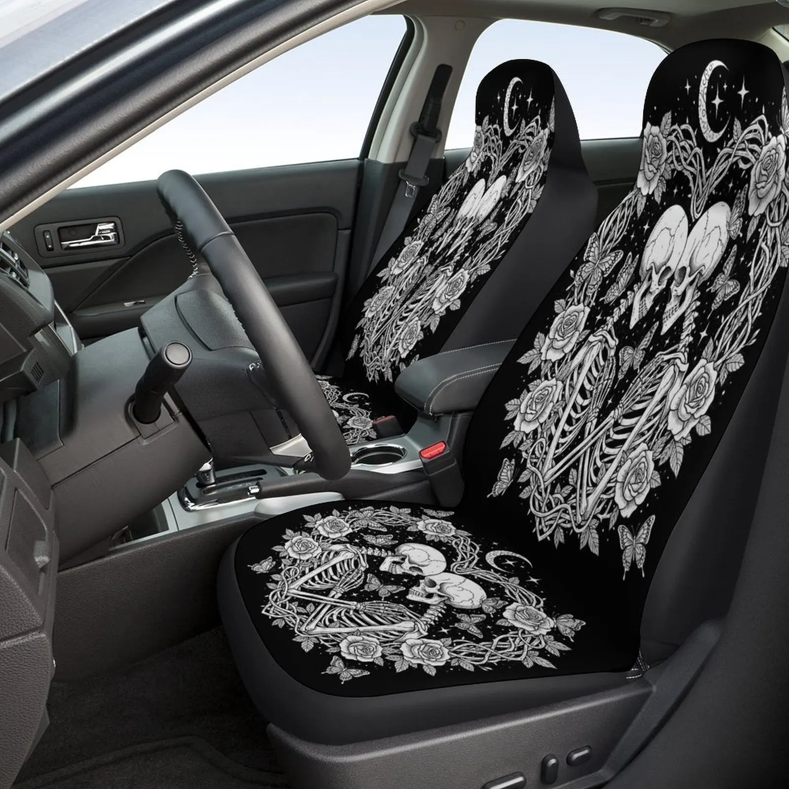 Set Of Car Seat Covers Featuring A Skull, Rose, And Heart Design, Suitable For Various Vehicles. These Stylish And Breathable Co