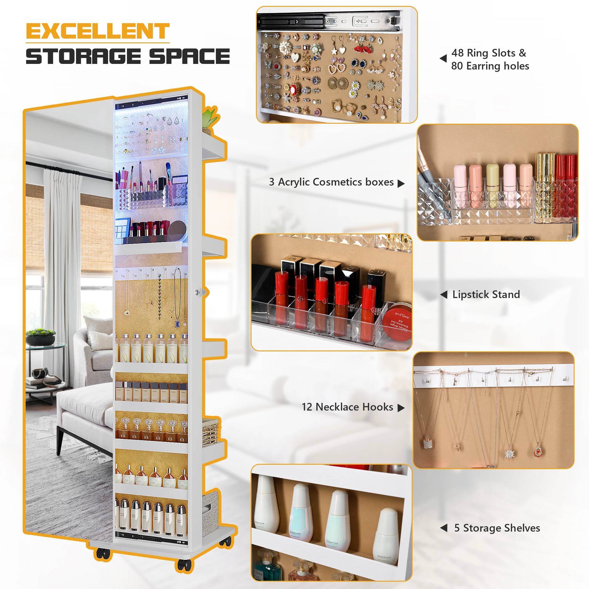 360 °   خزانة مجوهرات LED دوارة، مرآة بطول كامل وسحب جانبي، سعة كبيرة على الأرض، منظم مجوهرات قابل للتعتيم بـ 3 ألوان