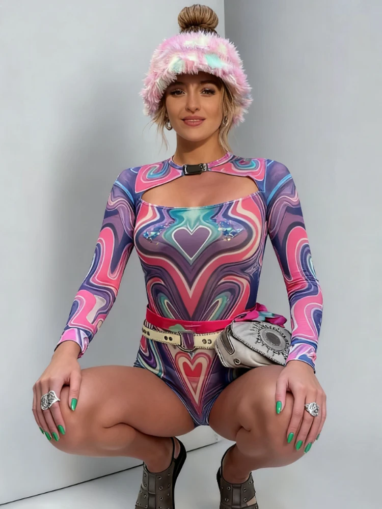 

Weird Puss Full Sleeve Rompers+Adjustable Ribbon Shawl Women Colorful Print Skinny Peach Hip Midnight Club Party Slim Playsuits