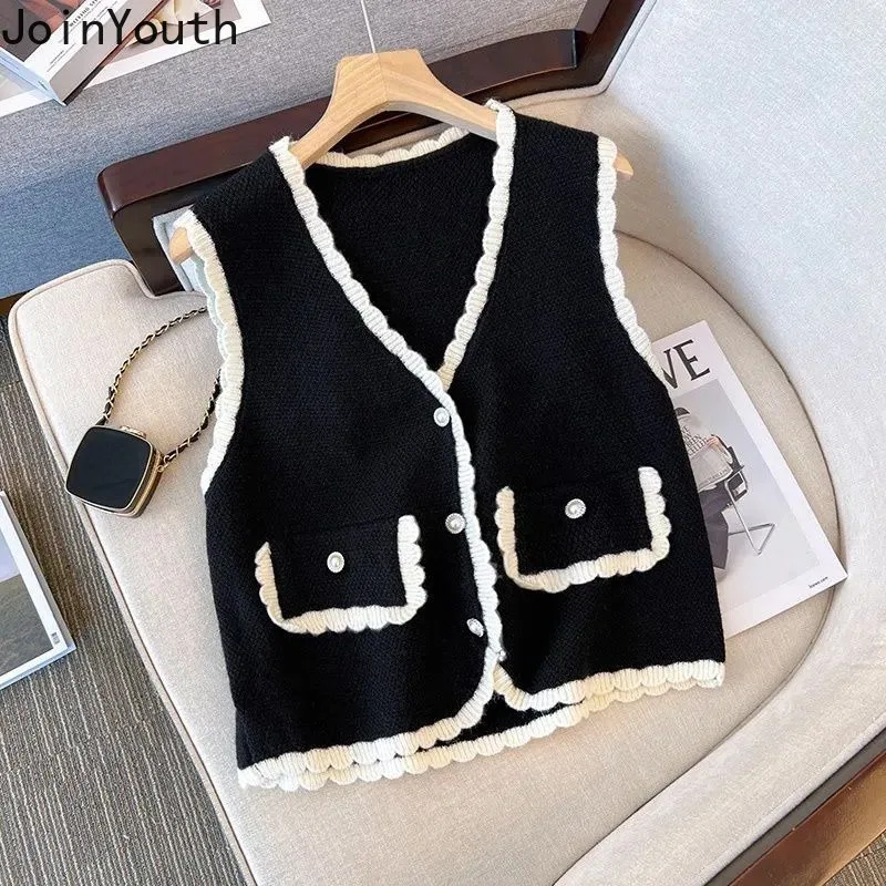 2023 Vest Sweater Women Clothing V-neck Ruffles Single Breasted Vintage Waistcoat Ropa Mujer Black Knitted Tanks Cropped Tops