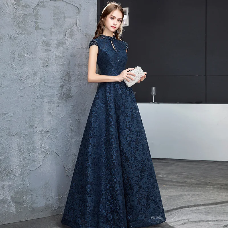 Evening Dress Women's New Adult Atmosphere Stand-up Collar Navy Blue Host Banquet Chorus Performance Long Dress Designer Party