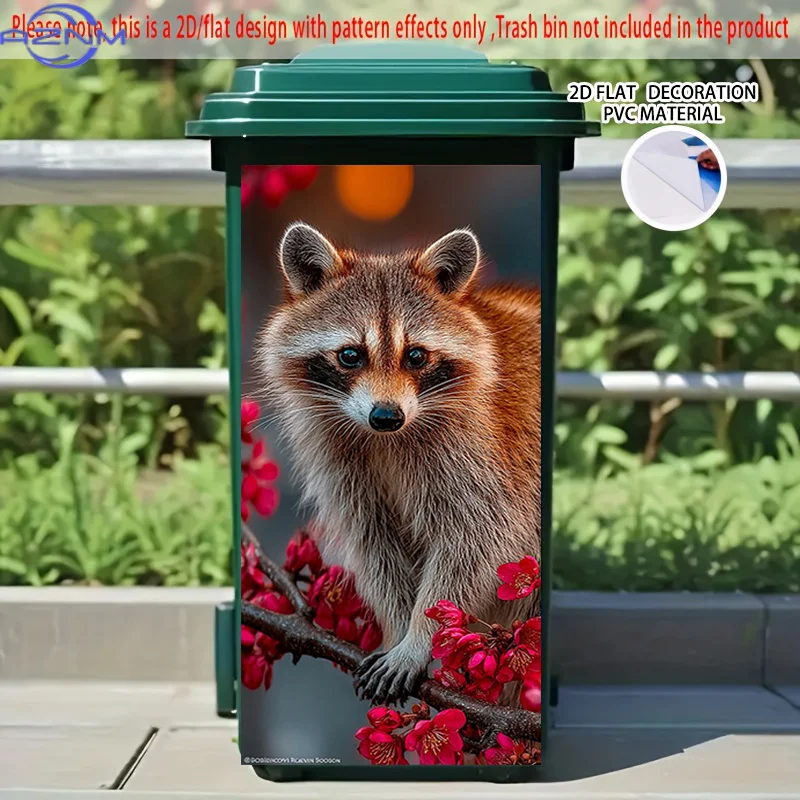 [2D Flat Printing] 1pc 2D Pattern Printed Kitchen Trash Can Sticker, X Cm Red Cherry Raccoon Gazing Theme Kitchen Home Decor W