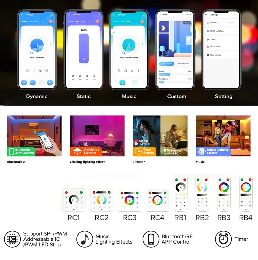 SP530E SP630E WiFi Alexa بلوتوث LED تحكم دعم PWM أحادية اللون CCT RGB RGBW RGBCCT أو SPI TTL IC رقاقة LED قطاع/ماتريكس