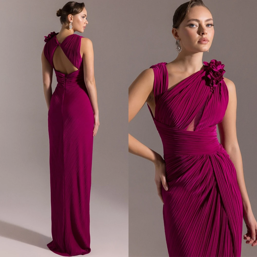 Customized Fashion Chiffon Straight Evening Dress Exquisite Sleeveless Flowers Prom Dress Sexy Backless Special Occasion Gowns