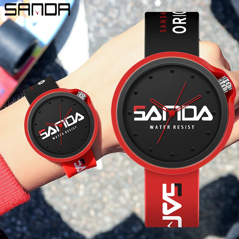 SANDA New Product Fashion Ladies Watch Sports Silicone Quartz Cool Waterproof Red White Black Wrist Watch Casual Men\'s Clock