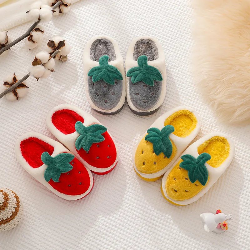 2021 Ins New Baby Home Slippers Girls Cartoon Shoes Winter Kids Indoor Slippers Baby Warm Faux Fur Child House Fruit Cute Party