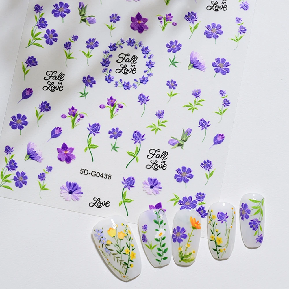 

1pcs 5D Dream Purple Floral Leaf Plant Nail Stickers Spring Summer Vivid Wildflowers Nail Decals Pastoral Style Manicure Decals