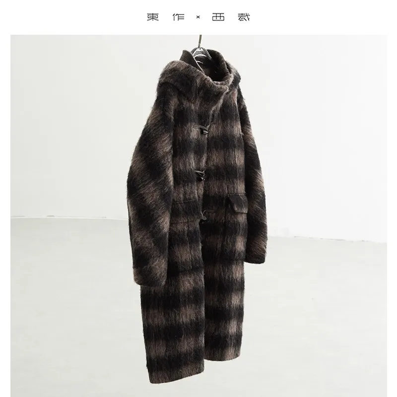 Plaid Coat~ Retro Style Horn Button Mid-Length Coat Women's Alpaca Wool Coat 2025 Winter British Style