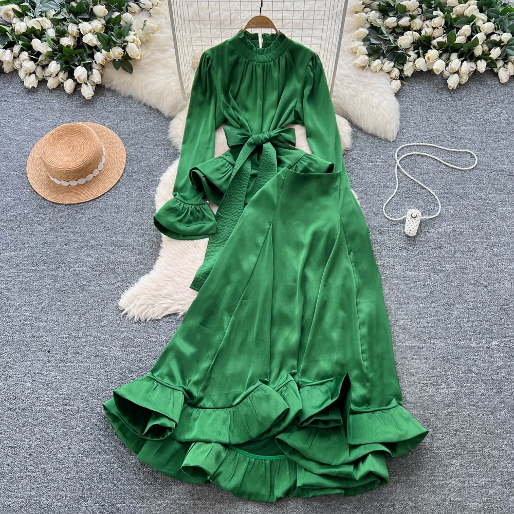 

Сексуальное атласное платье с рюшами, винтажное элегантное женское вечернее корейское модное платье феи, комплект из двух предметов