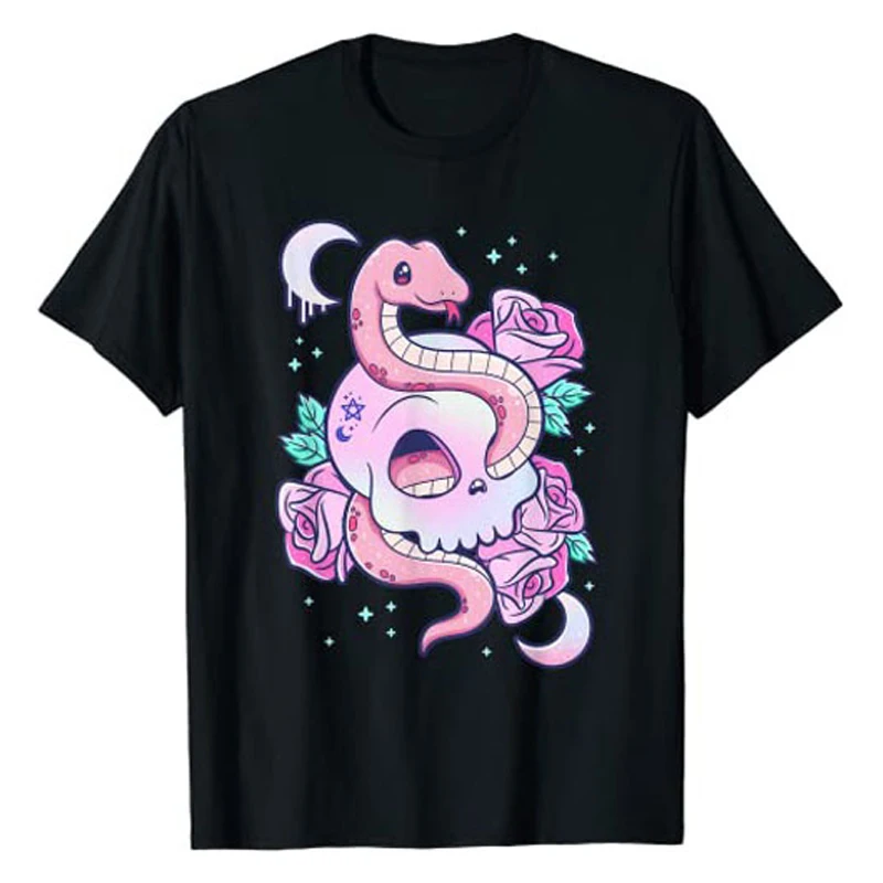 Kawaii Pastel Goth Cute Creepy Witchy Cat and Skull T-Shirt Cartoon Creepy-Skull Serpent Snake Roses Shirts 3 Headed Dog Clothes