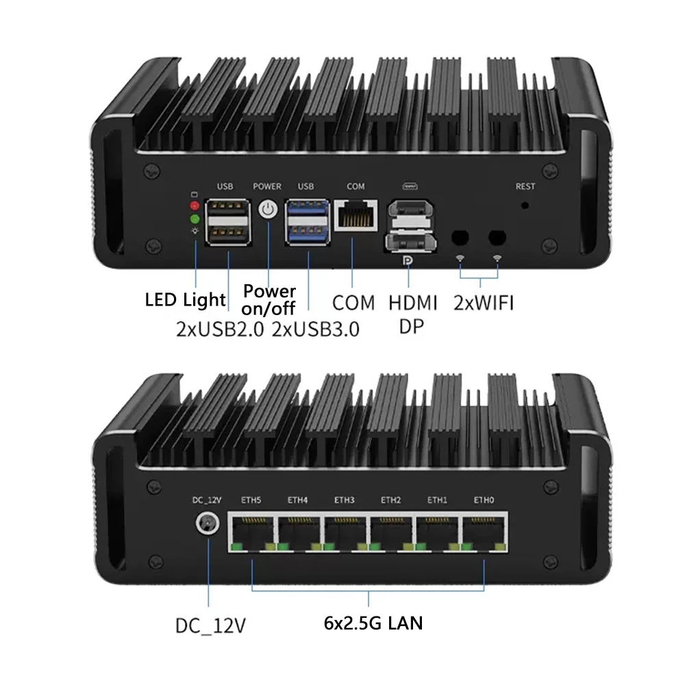 Fanless Mini Server PC Intel N300 6x i226 2.5G Lan Enterprise Firewall Router Linux Embedded Box Mini Industrial Computer 4G SIM