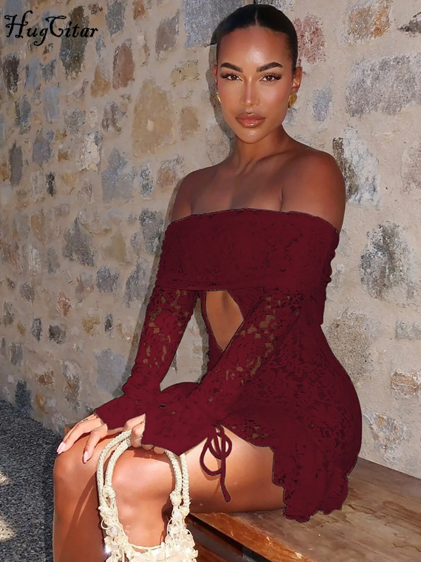 Hugcitar Print Slash Hals Lange Mouw Patchwork Kant Uitgehold Sexy Onregelmatige Mini Jurk Lente Vrouwen Y2K Outfit Feestvakantie