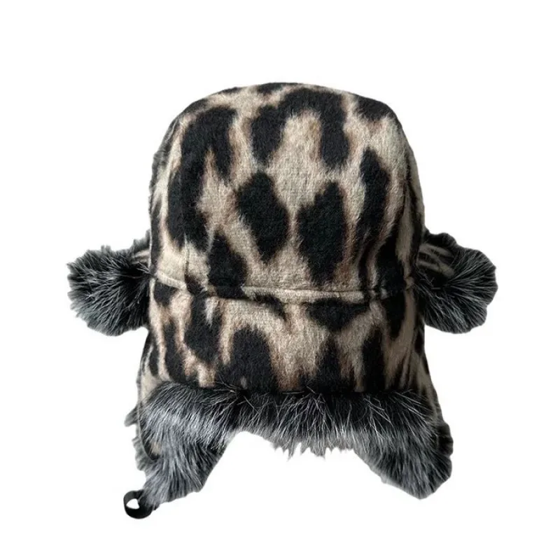ヒョウ柄フェイクファートラッパーハット、ユニセックスY2Kストリートウェアゴシックハット、エッジの効いた冬用暖かいカジュアルヘッドウェア、寒い天候用