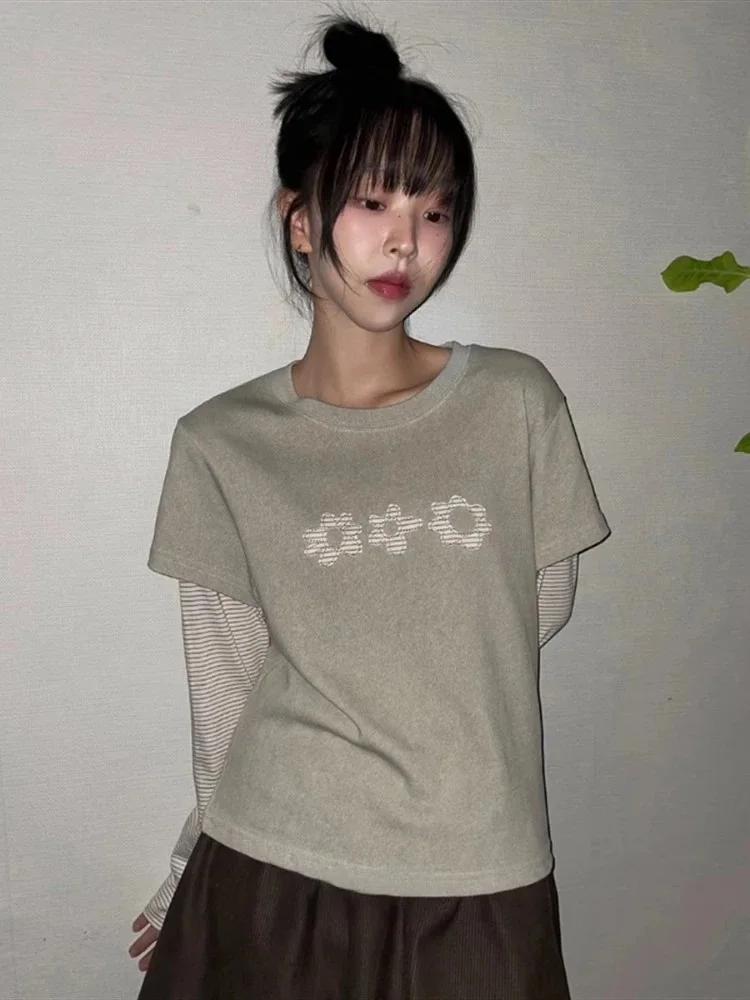 Woman T Shirts Y2k Tops O-neck Fake Two Contrast Color Striped Tees Long Sleeve Floral Camisetas Chic Casual Tshirt Ropa Mujer