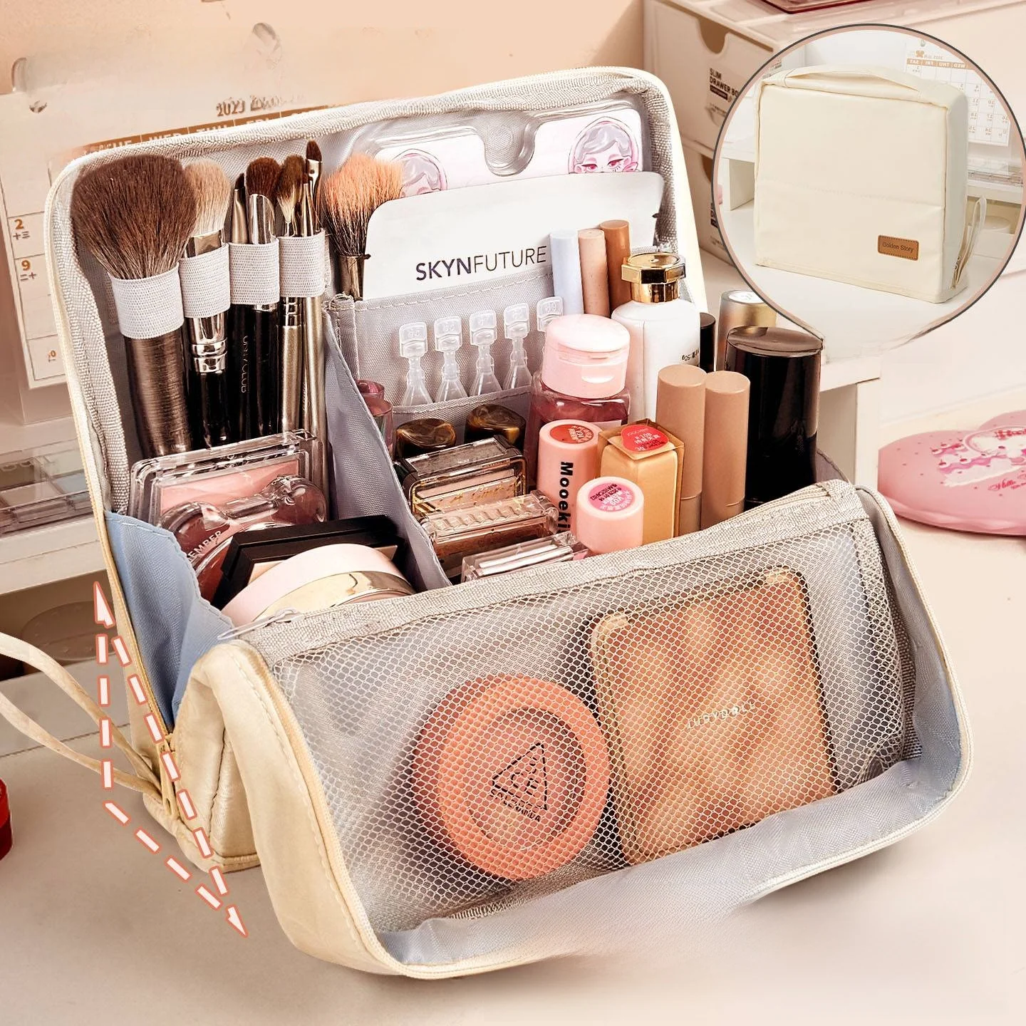Standing Makeup Bag Women's Large Capacity Portable Travel Toiletry Bag Convenient Carry-On Cosmetic Storage Bag