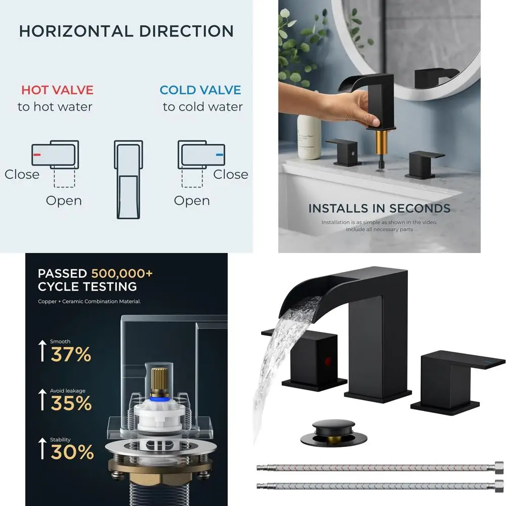 

8 Square Matte Black 3-Hole Bathroom Faucet with Pop-Up Drain, Metal Supply Lines & Dual Handles for Vanity Sinks