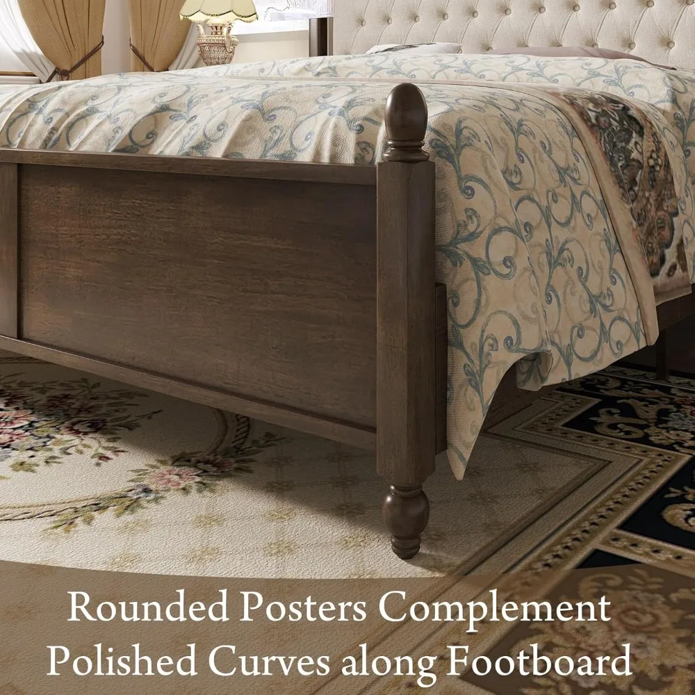 King Size Solid Rubberwood Platform Bed Frame with Upholstered Tufted Linen Headboard - No Box Spring Required