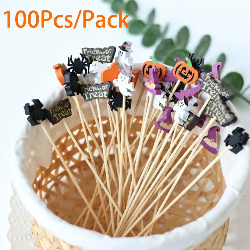 100Pcs Cartoon Pumpkin Ghost Witch Hat Disposable Bamboo Food Picks Dessert Fruit Forks for Halloween Theme Party Decoration - view 4