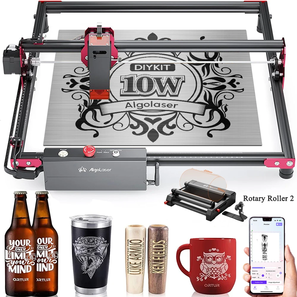 Algolaser DIY KIT 10W Woodworkers Laser Engraving Cutting Machine With Rotary Roller Air Assist CNC Table 40*40cm CNC Engraver