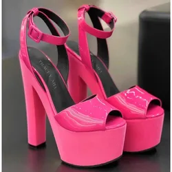 New Fashion Show Genuine Leather Sandals Women Thick Heel 17Cm High Heel Platform Peep Toe Lady Shoes White Pink Color
