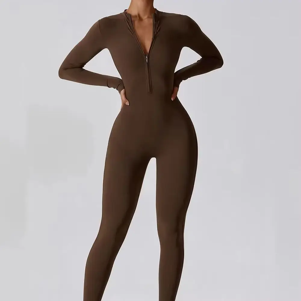 Women's Yoga Boilersuit Long Sleeved Sportswear Gym Zipper Jumpsuits Workout High-intensity Fitness One-piece Skin-tight Garment