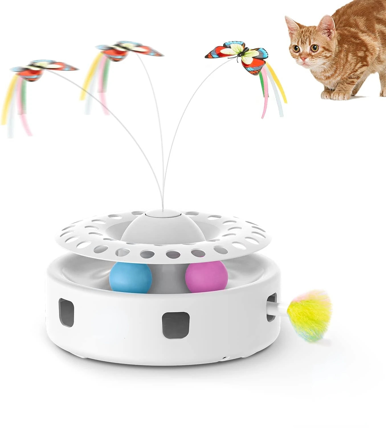 ATUBAN Cat Toys 3-in-1 Smart Interactive Kitten Toy, Fluttering Butterfly, Random Moving Ambush Feather, Catnip Bell Track Balls