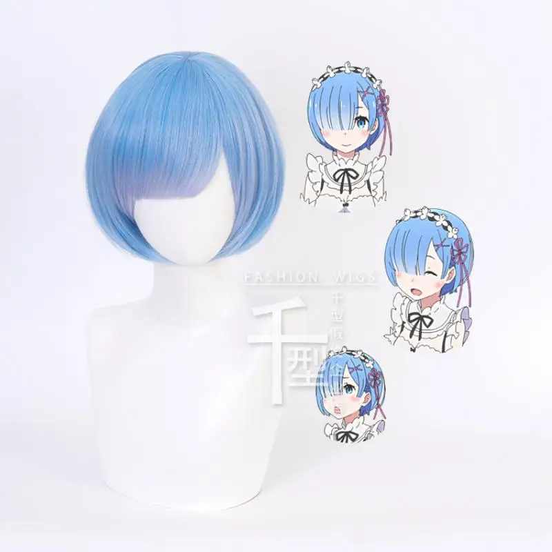 Anime Re:Life In A Different World Rem Perucas Cosplay, Gradiente Azul, Cabelo Curto, Resistente ao Calor, Peruca Sintética Halloween