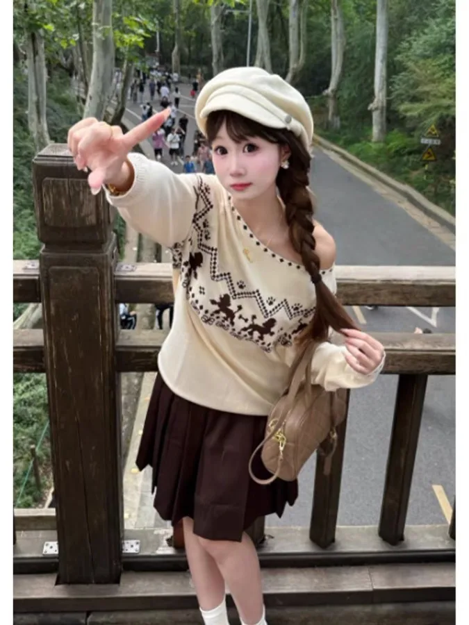 الرجعية معرض جزيرة قبالة الكتف سترة المرأة فضفاضة كسول Sle ملابس خارجية الخريف الشتاء ألياف البوليستر طويلة Sve محبوك irt #4