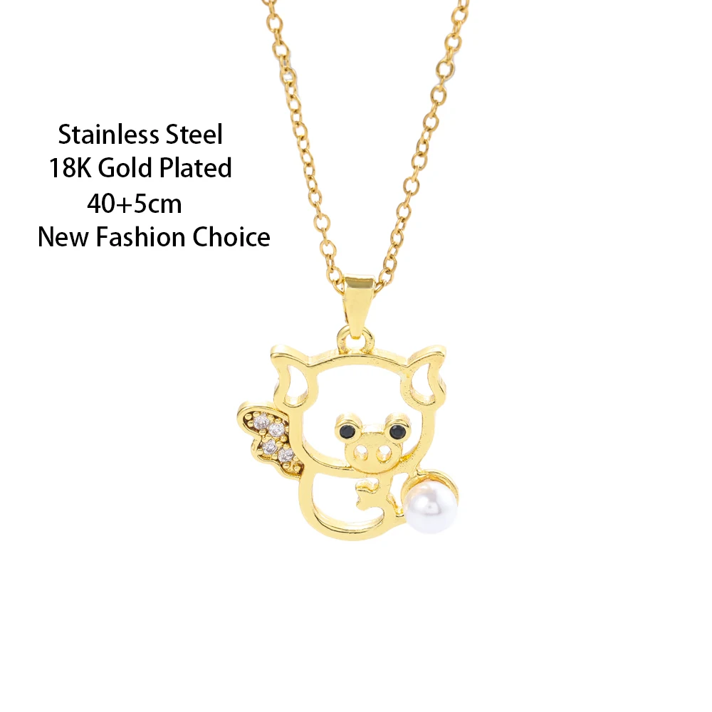 New Sweet Cute Zircon Crystal Flying Pig Pendant Necklaces For Women Trendy 18K Gold Plated Stainless Steel Neck Chain Jewelry