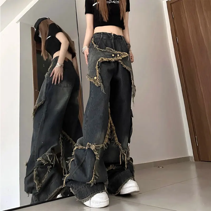 Vintage Stylish Patch Designs Jeans Spring Autumn Loose Wide Leg Women's Clothing High Street Hip Hop Pockets Zipper Trousers