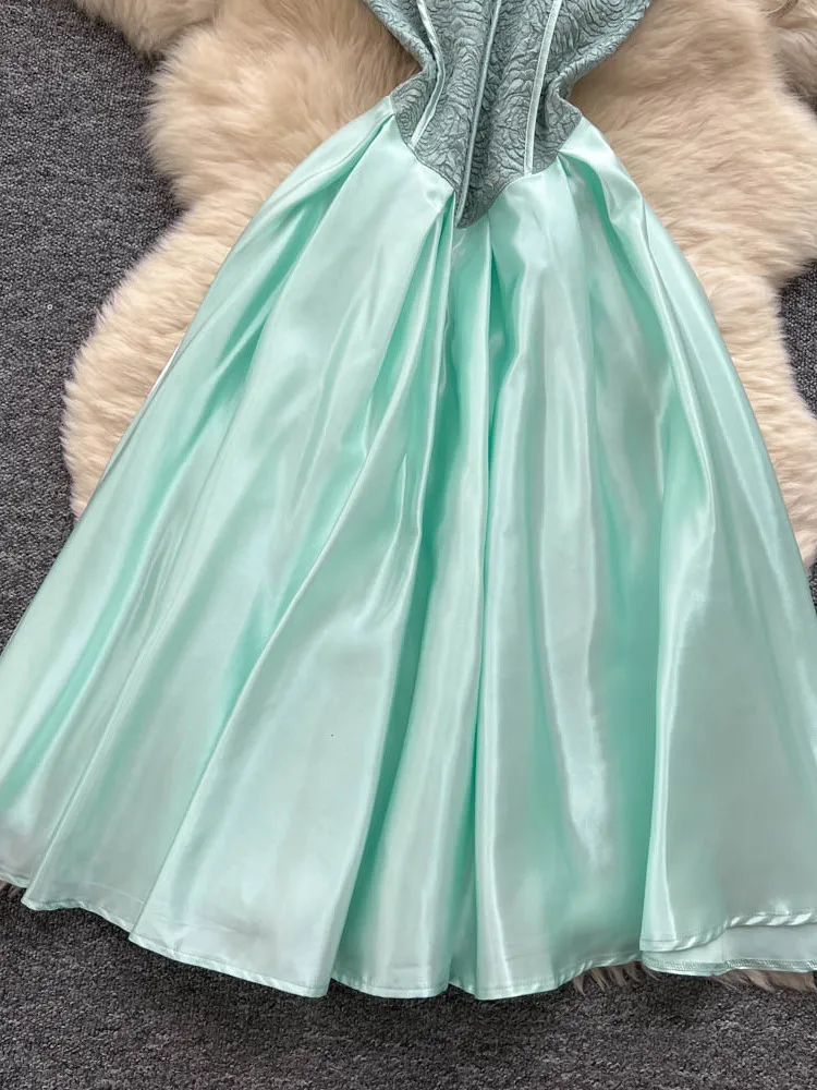 เอเล่ ซาติน ลองดรกระโปรงทรงเอเอวสูงแฟชั่นฤดูร้อนของผู้หญิง เหมาะสำหรับเดินทางไปทำงาน ชุดราตรีสวยๆ สไตล์เกาหลี