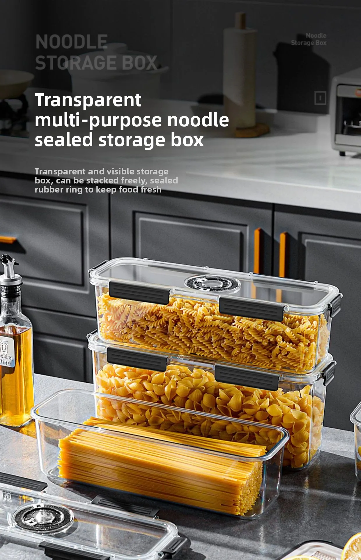 Kitchen noodle storage box, grain and cereal storage container,moisture-proof sealed jar with timer