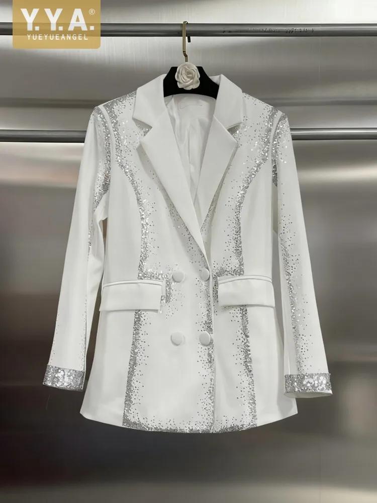 

New Spring Autumn Casual Ladies Elegant Sequined Suit Jacket Long Sleeve Double Breasted Blazers Top Women Fashion Office Coat