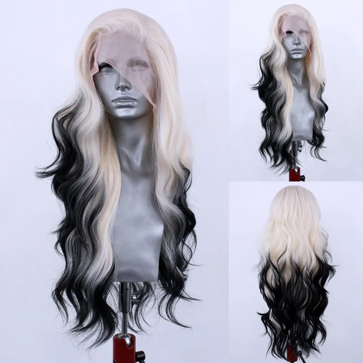 Synthetic Hair Ombre Blonde to Black Body Wave Long  13x4 Lace Front Wigs for Black Women Glueless Cosplay Daily Wear Wigs