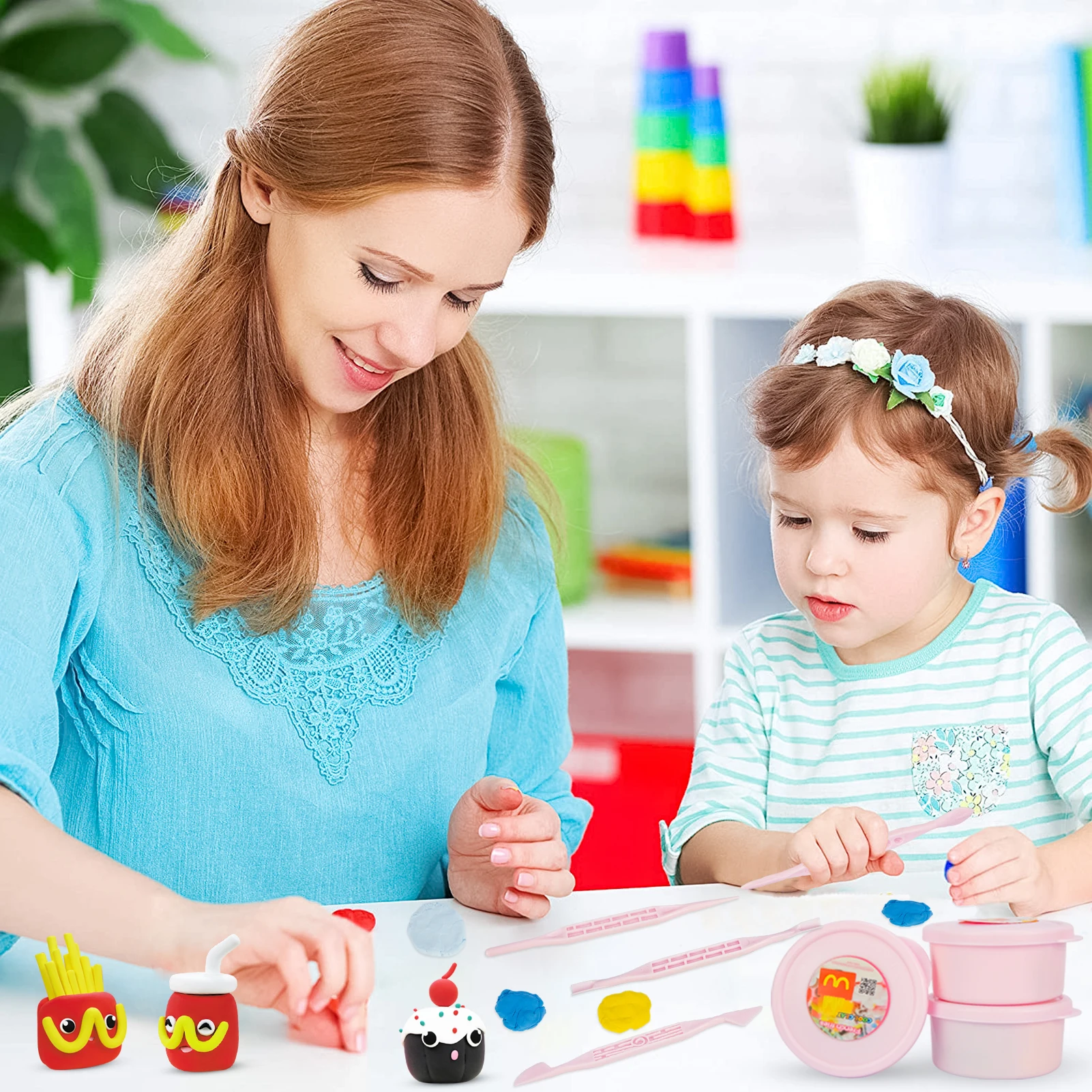 Giocattolo di argilla asciutta all'aria, 12 giocattoli di argilla a tema + 12 portachiavi, giocattoli creativi per ragazzi e ragazze, per bambini Cucina deliziosa